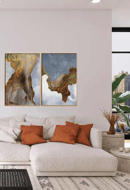 Gold and Grey Abstract Wave Line Art Diptych Canvas Print Wall Art | CP058059