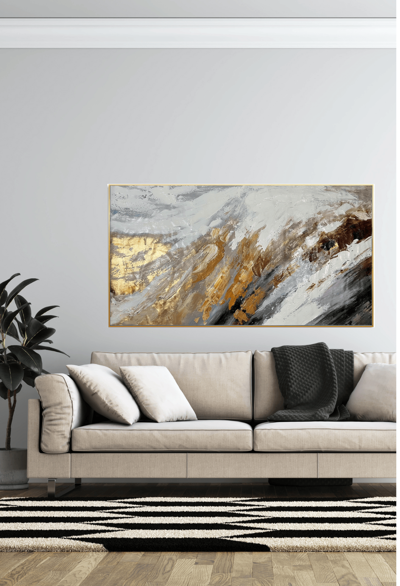 Abstract Glacier Waves Hand-Painted Gold Foil Canvas Wall Art 95x185 cm | HP048