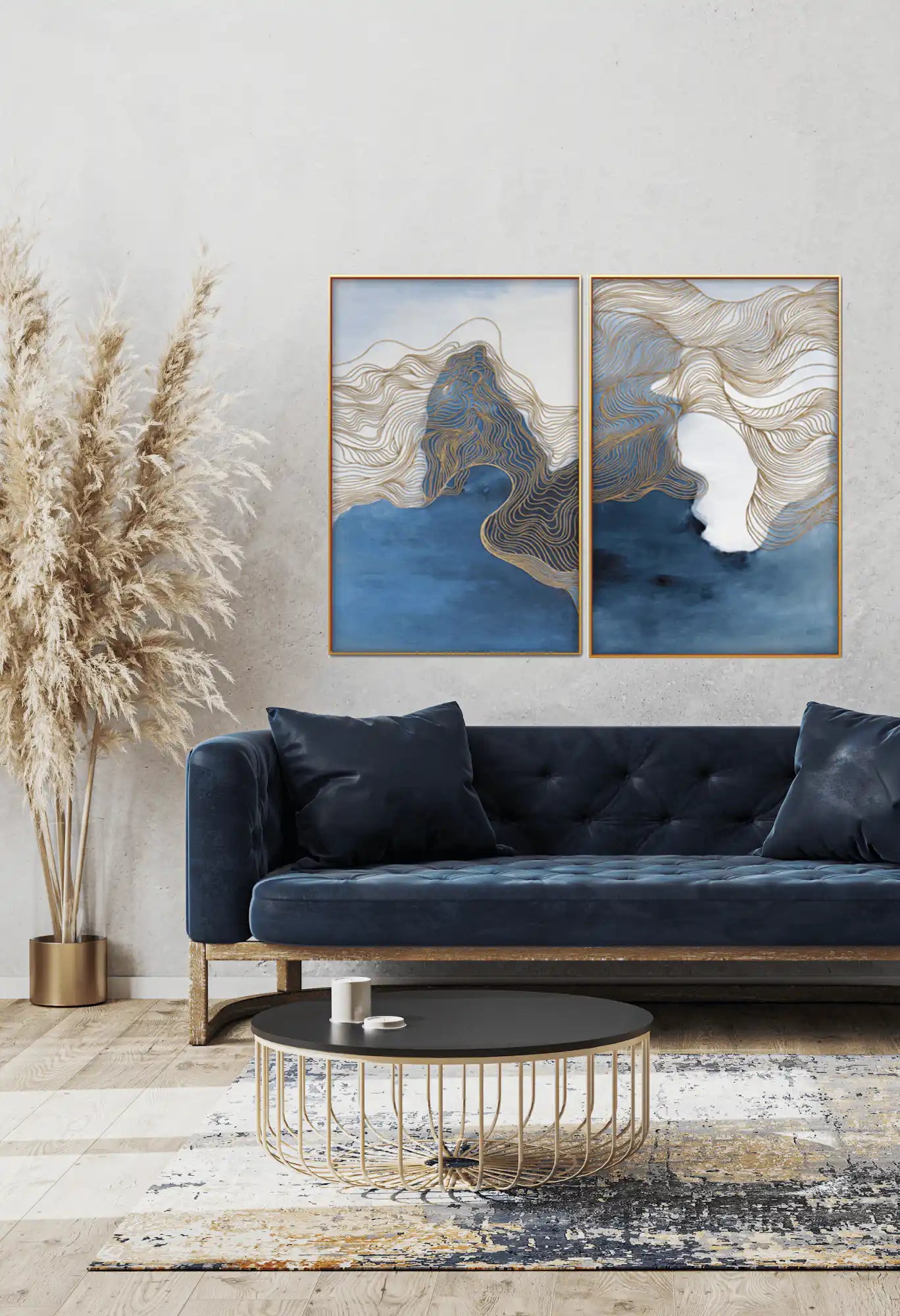 Blue and Gold Abstract Line Art Diptych Canvas Print Wall Art | CP060061