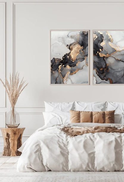 Black Gold and Grey Alcohol Ink Abstract Diptych Canvas Print Wall Art | CP062063