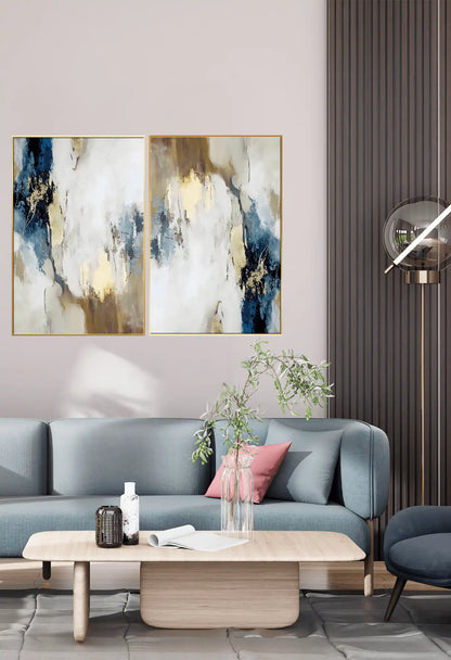 Navy Blue and Beige Abstract Diptych Canvas Print Wall Art | CP064