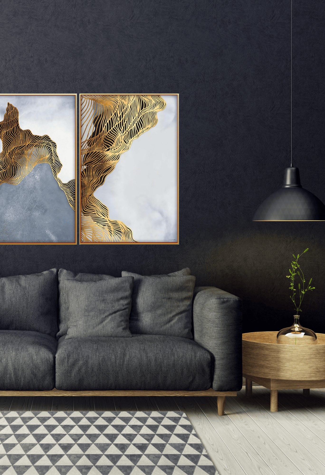 Gold and Grey Abstract Line Art Canvas Print Wall Art 70x100 cm Set Minimalist Diptych | CP076077