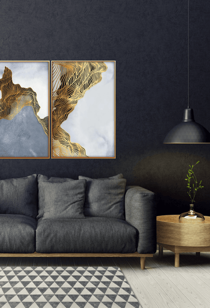 Gold and Grey Abstract Line Art Canvas Print Wall Art 70x100 cm Set Minimalist Diptych | CP076077