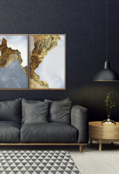 Gold and Grey Abstract Line Art Diptych Canvas Print Wall Art | CP076077