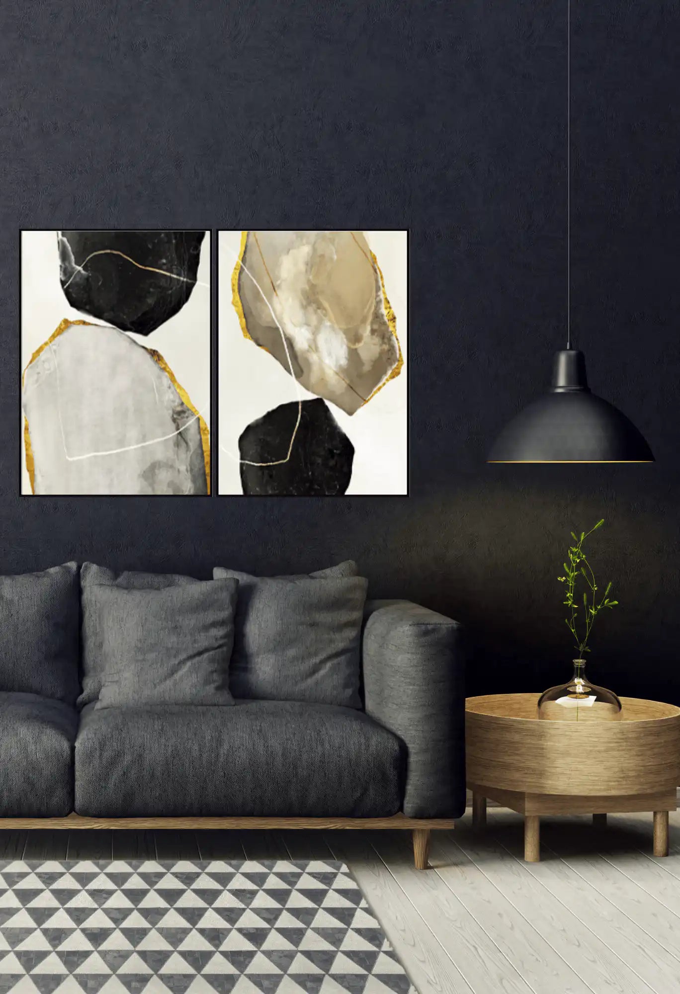 Black Gold and Grey Agate Stone Diptych Canvas Print Wall Art | CP012