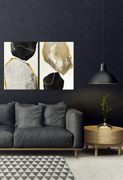 Black Gold and Grey Agate Stone Diptych Canvas Print Wall Art | CP012