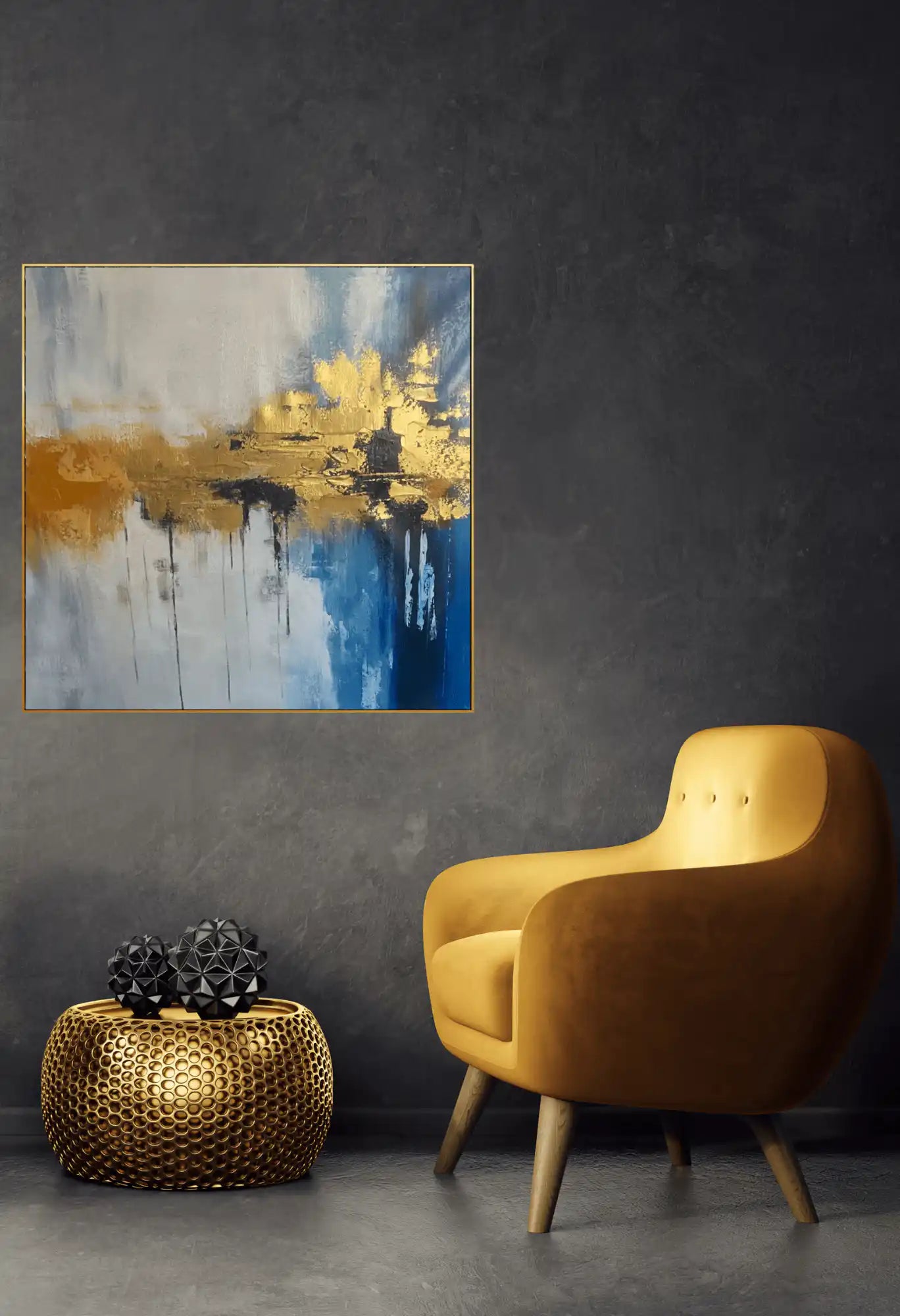 Blue and Gold Horizon Storm Abstract Hand-Painted Canvas Art | HP058