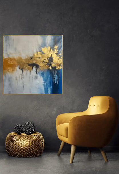 Blue and Gold Horizon Storm Abstract Hand-Painted Canvas Art | HP058