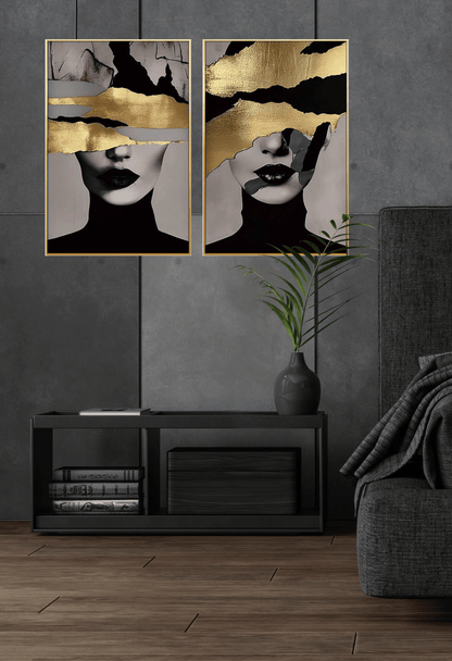 Black Gold and Grey Woman Face Portrait Canvas Print Wall Art 60x90 cm Set Modern Diptych | CP156