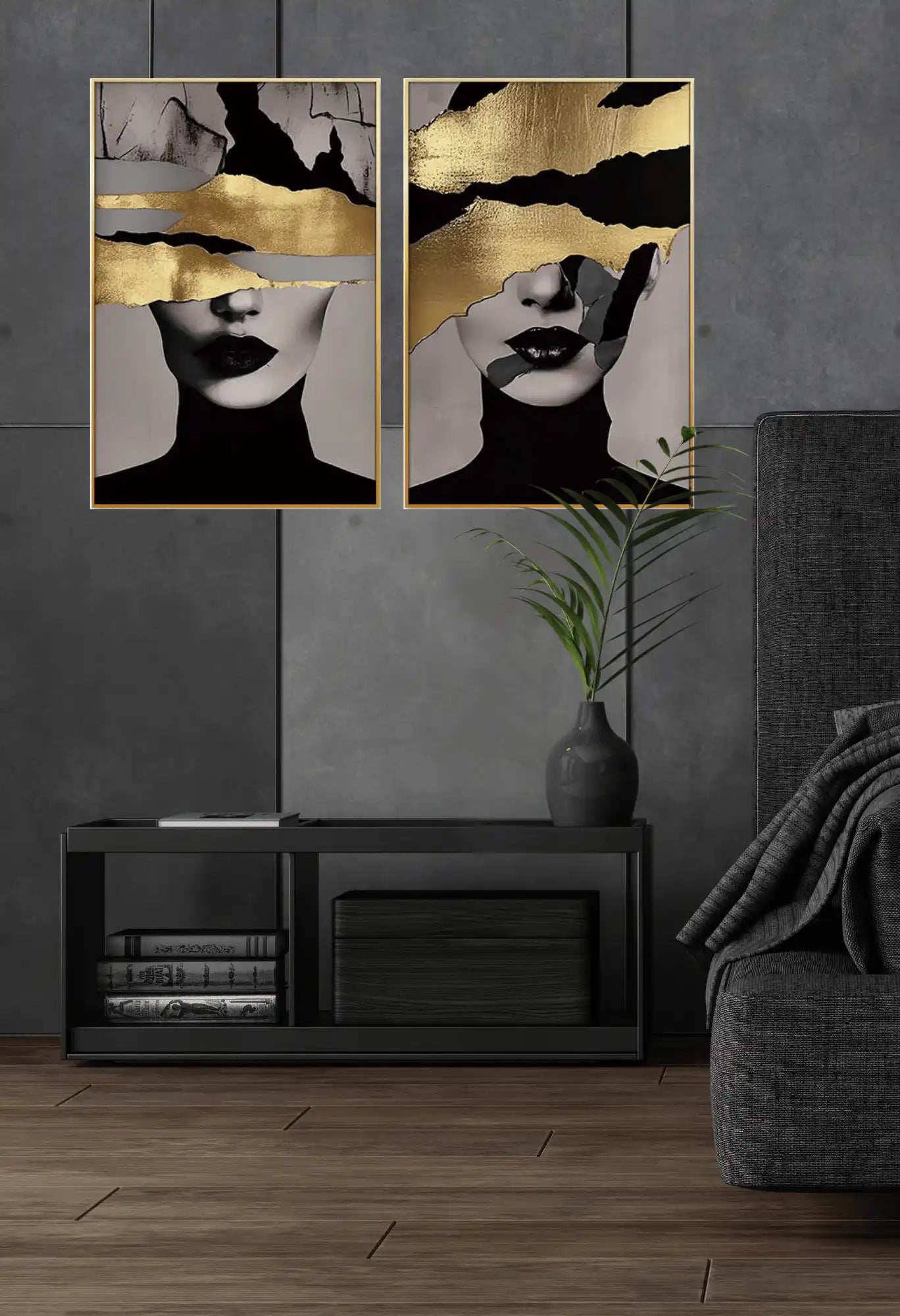 Black Gold and Grey Woman Face Portrait Diptych Canvas Print Wall Art | CP156
