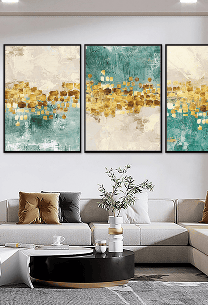 Teal and Gold Color Abstract Canvas Print Wall Art Set Minimalist Triptych | CP004