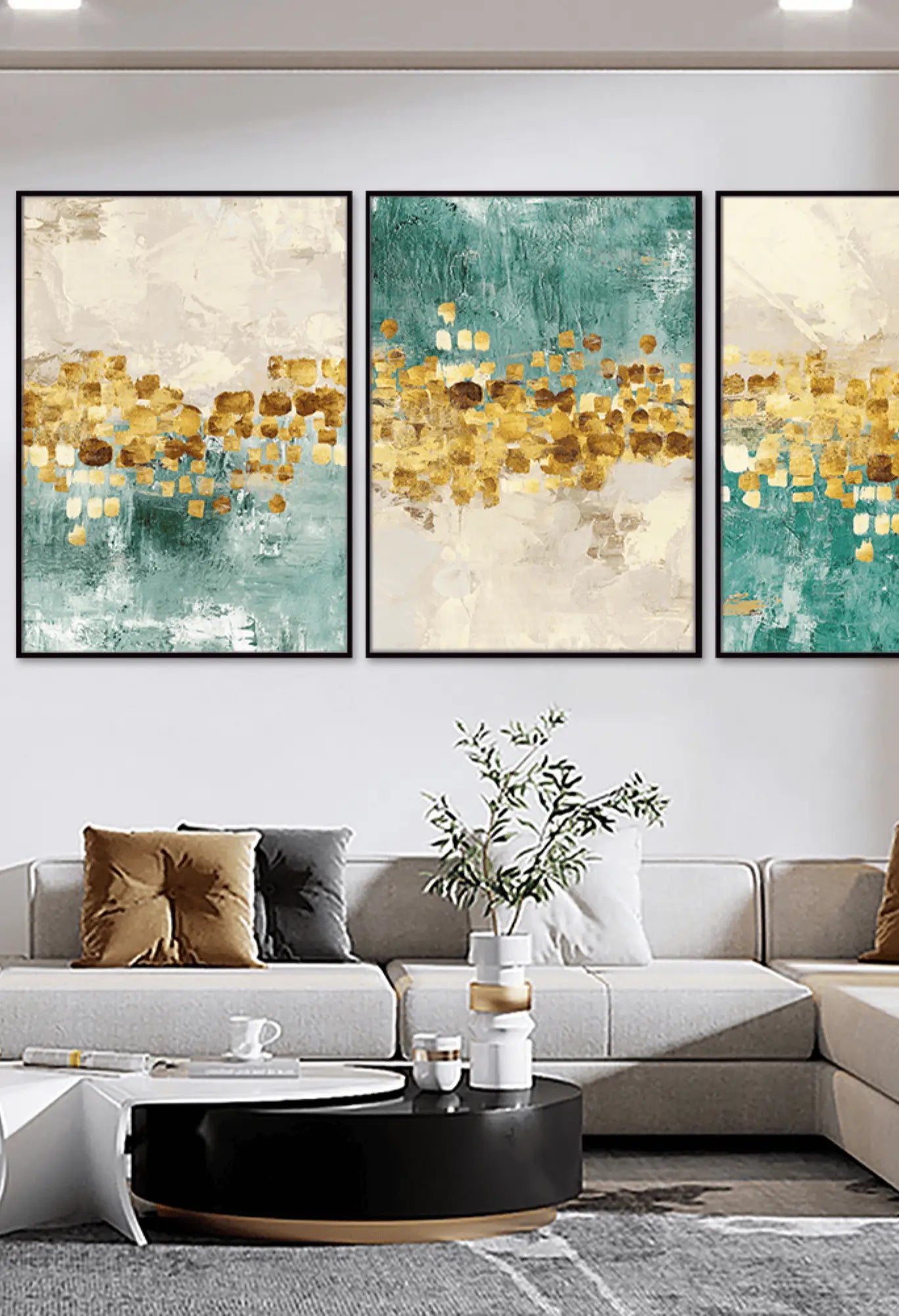 Teal and Gold Color Abstract Triptych Canvas Print Wall Art | CP004