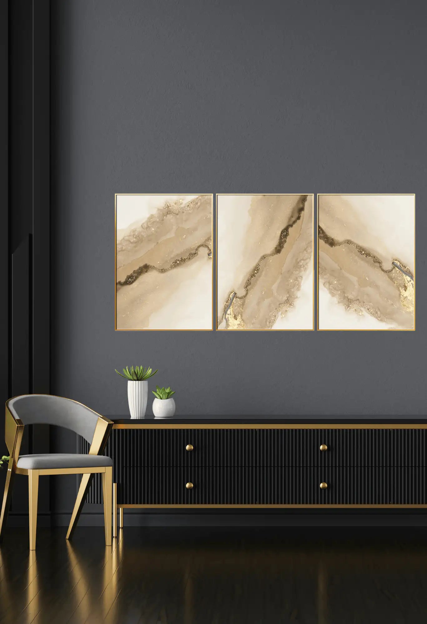 Beige Gold and Cream Alcohol Ink Abstract Triptych Canvas Print Wall Art | CP008