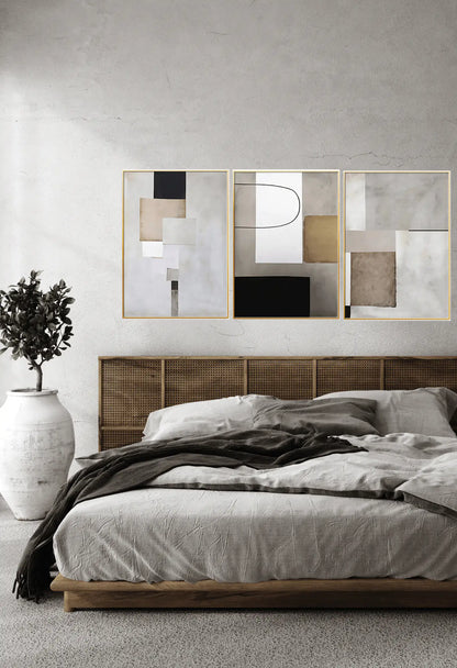 Beige Black and Grey Abstract Geometric Triptych Canvas Print Wall Art | CP011