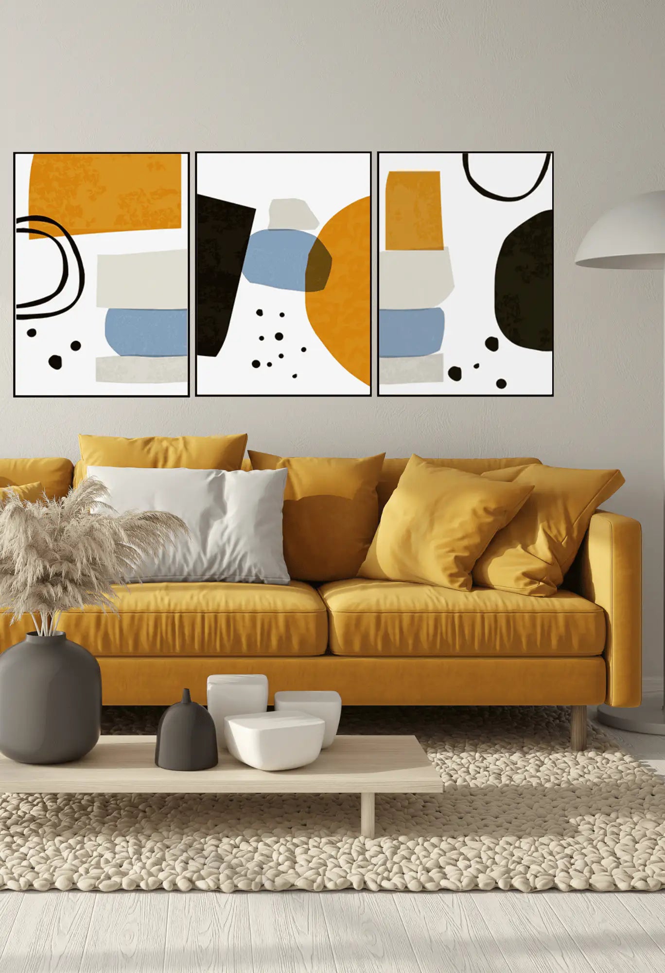 Mustard Yellow and Blue Abstract Shapes Triptych Canvas Print Wall Art | CP013