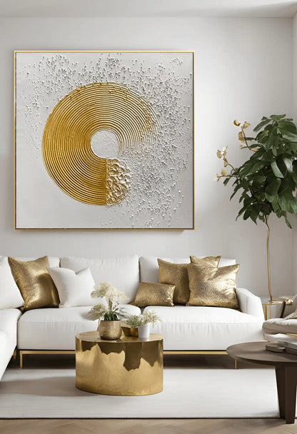 Minimalist White and Gold Crescent Circle Abstract Hand-Painted Canvas Art | HP005