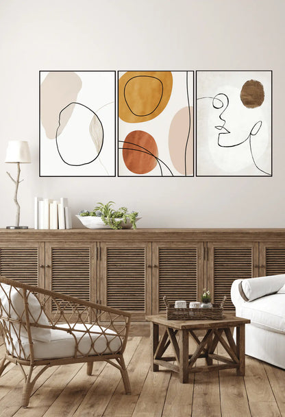 Terracotta and Beige Abstract Face Line Art Triptych Canvas Print Wall Art | CP014