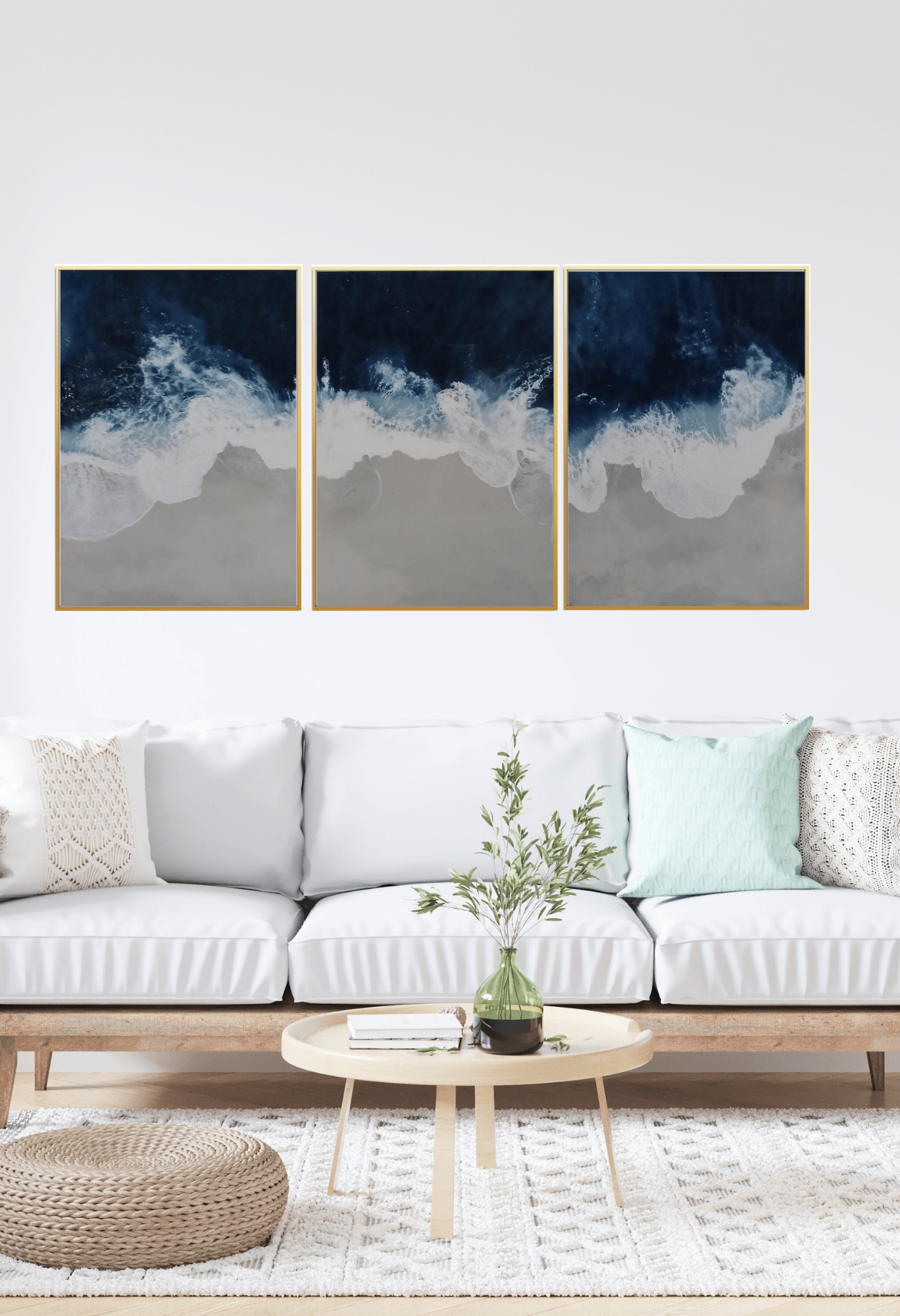 Navy Blue and Grey Abstract Ocean Wave Canvas Print Wall Art 50x70 cm Set Triptych | CP015