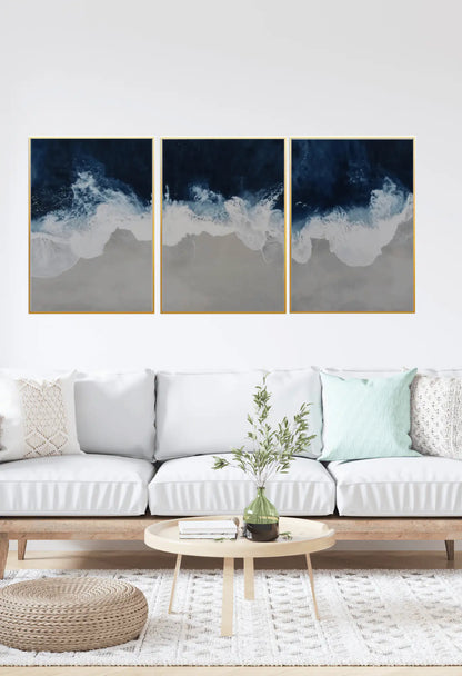 Navy Blue and Grey Abstract Ocean Wave Triptych Canvas Print Wall Art | CP015