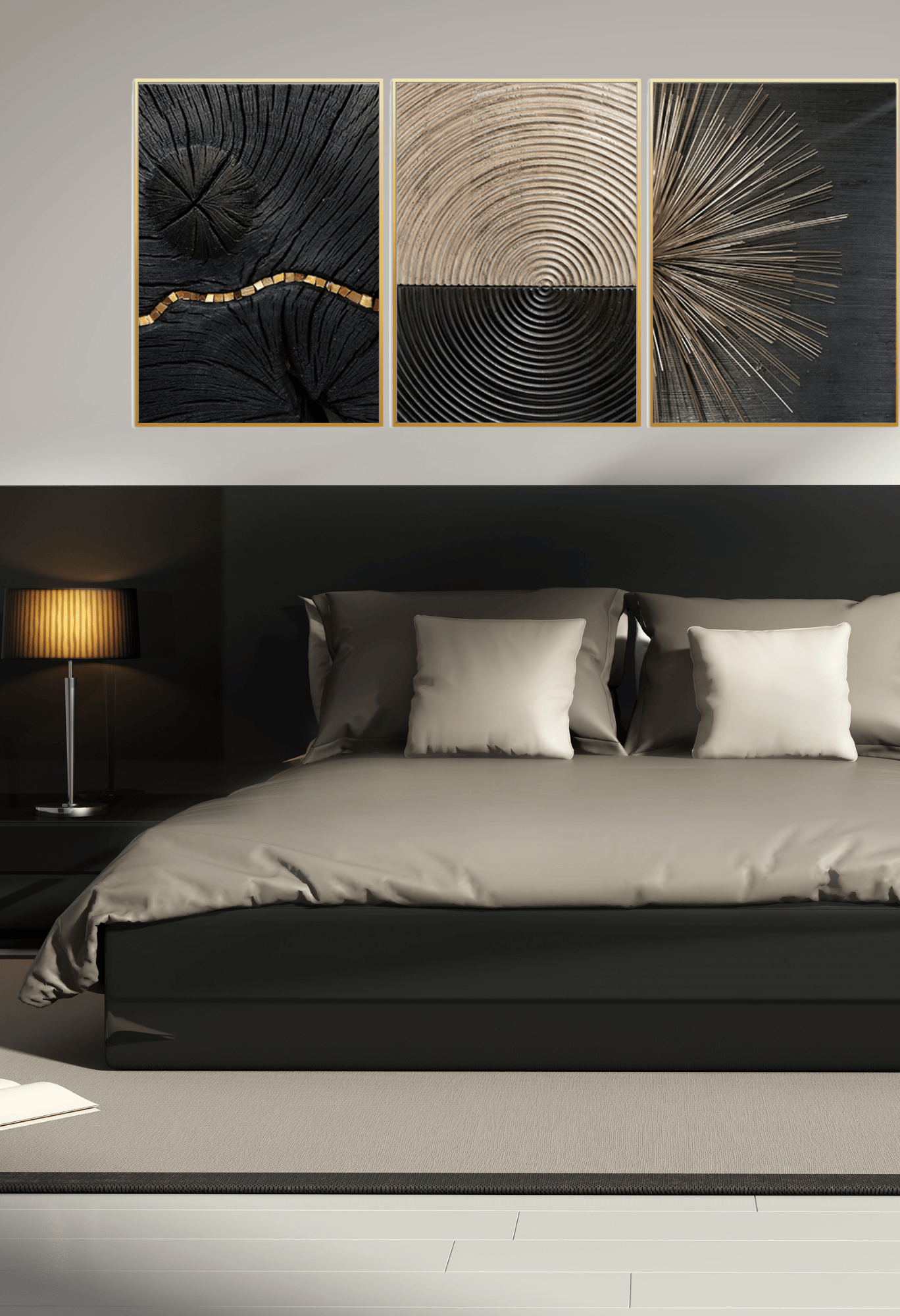 Black Gold and Beige Abstract Lines Canvas Print Wall Art 50x70 cm Set Triptych | CP016