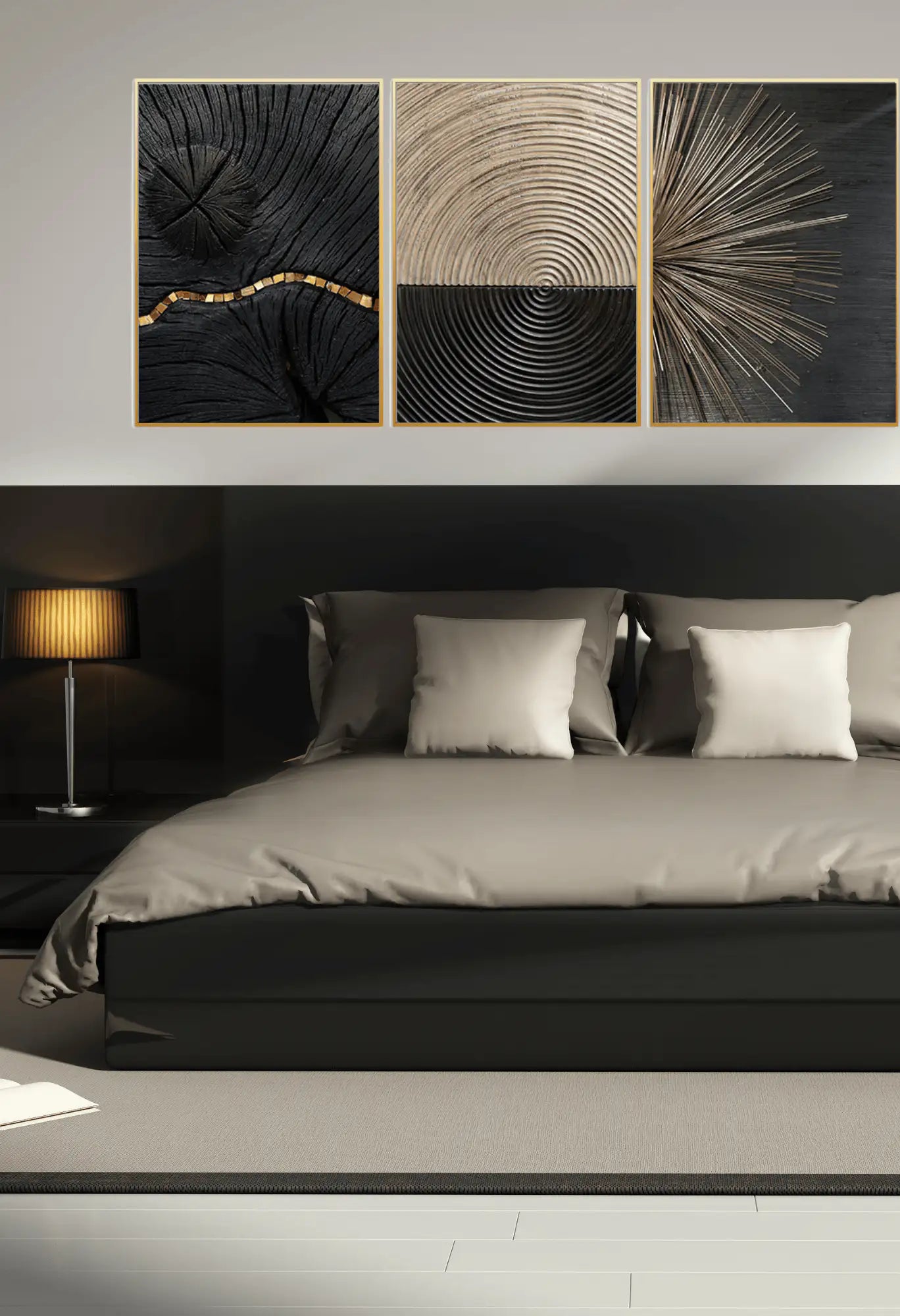 Black Gold and Beige Abstract Lines Triptych Canvas Print Wall Art | CP016