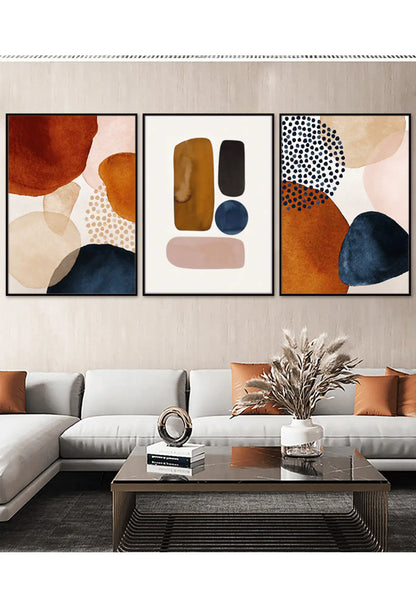 Terracotta and Navy Boho Abstract Shapes Triptych Canvas Print Wall Art | CP005