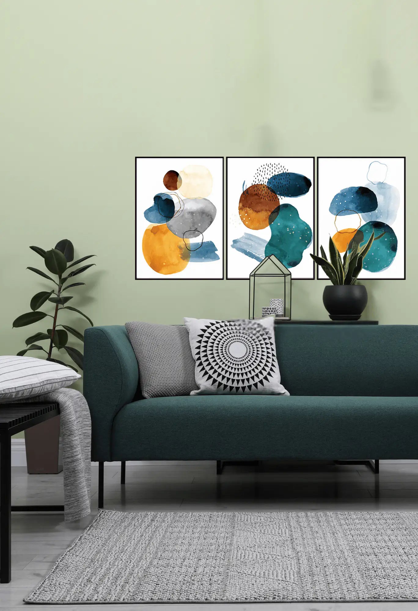 Teal Blue and Terracotta Abstract Watercolor Triptych Canvas Print Wall Art |CP018