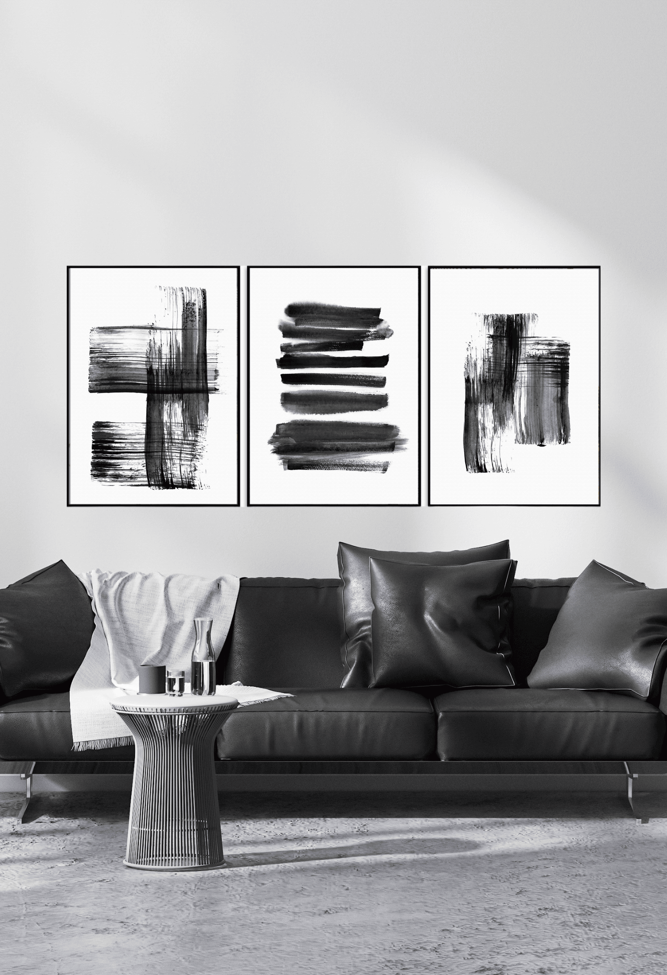 Black and White Abstract Ink Brushstroke Canvas Print Wall Art 50x70 cm Set Triptych | CP138