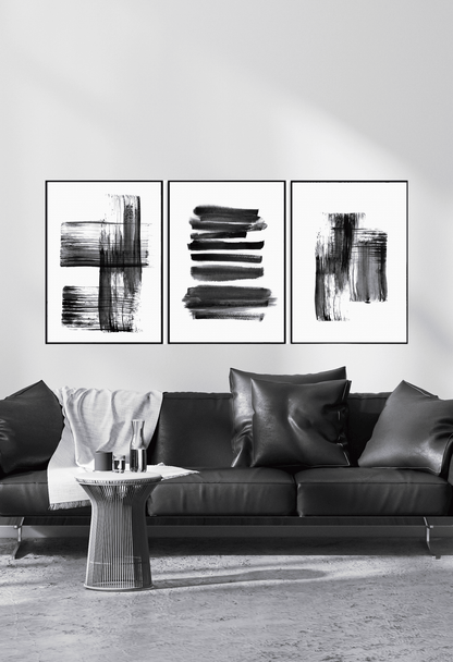 Black and White Abstract Ink Brushstroke Canvas Print Wall Art 50x70 cm Set Triptych | CP138