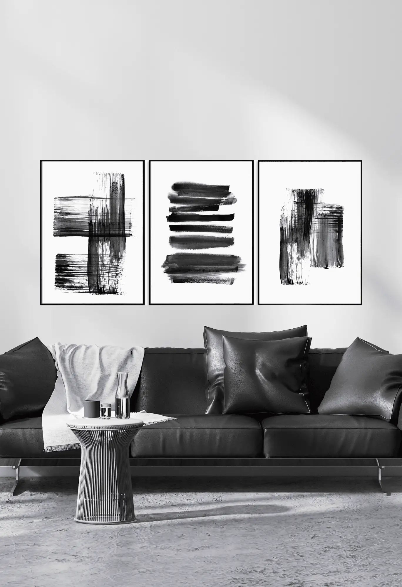 Black and White Abstract Ink Brushstroke Triptych Canvas Print Wall Art | CP138