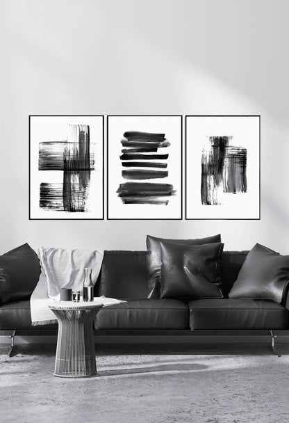 Black and White Abstract Ink Brushstroke Triptych Canvas Print Wall Art | CP138