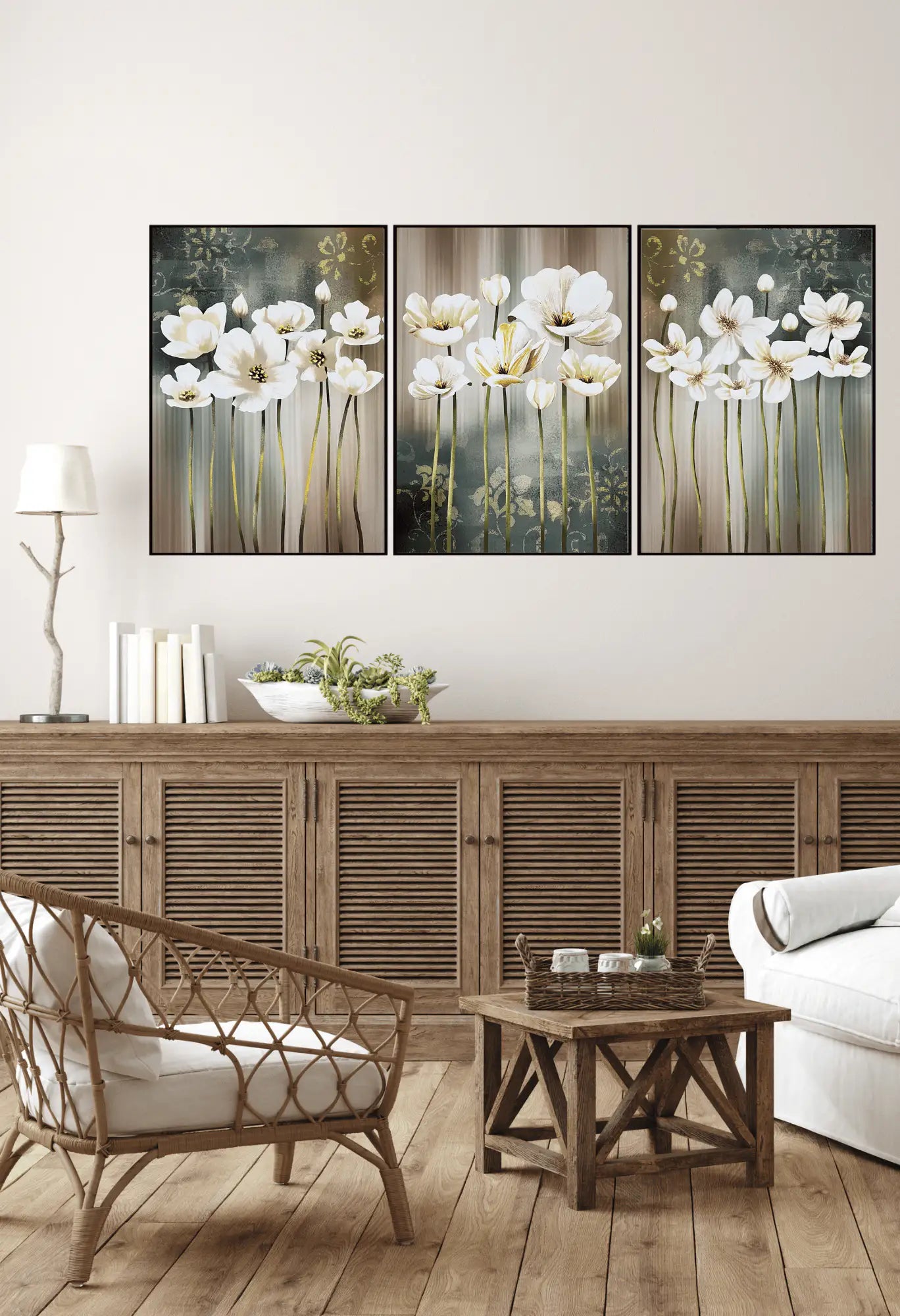 White Blossom and Sage Green Floral Triptych Canvas Print Wall Art | CP141