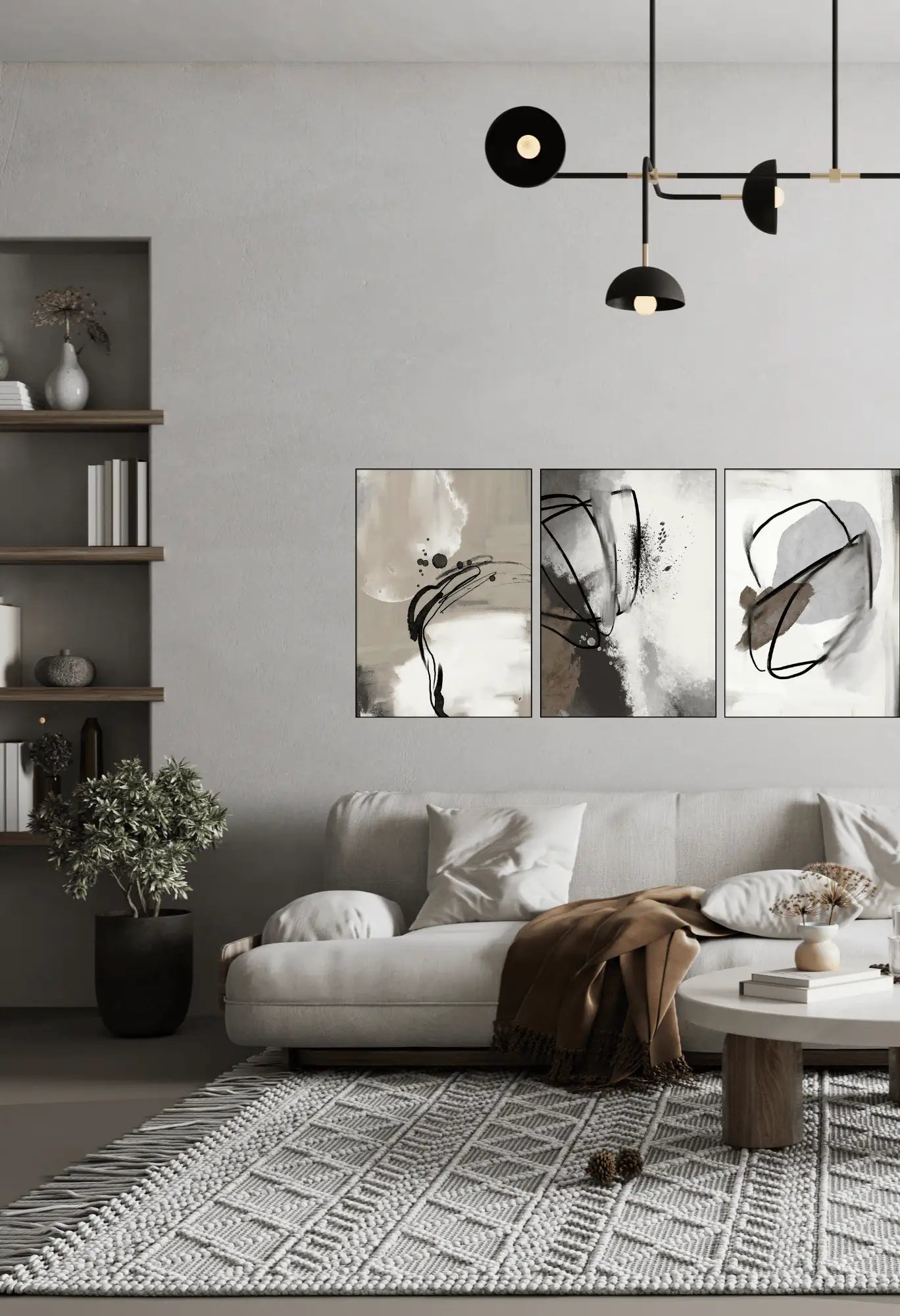 Beige Grey and Black Abstract Line Art Triptych Canvas Print Wall Art | CP142
