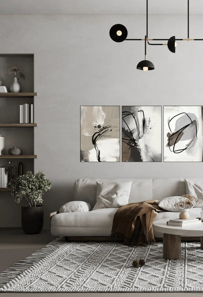 Beige Grey and Black Abstract Line Art Triptych Canvas Print Wall Art | CP142