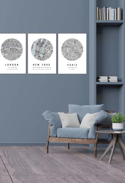 London New York Paris City Map Canvas Print Wall Art 50x70 cm Set Triptych | CP143