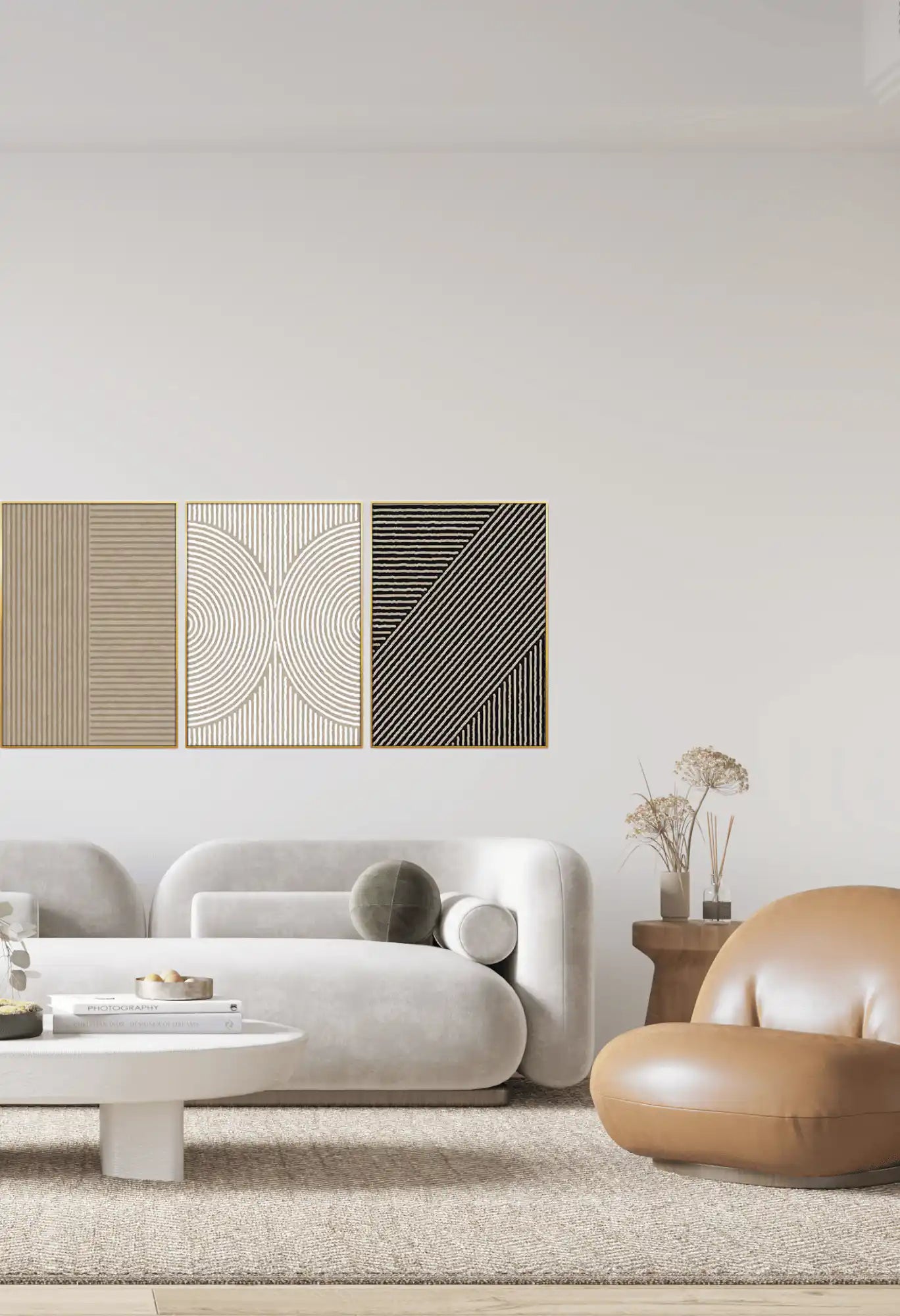 Beige Black and White Minimalist Line Art Triptych Canvas Print Wall Art | CP153