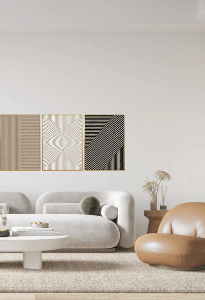 Beige Black and White Minimalist Line Art Triptych Canvas Print Wall Art | CP153