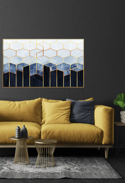Navy Blue and Gold Abstract Hexagon Oversize Canvas Print Wall Art | CP065