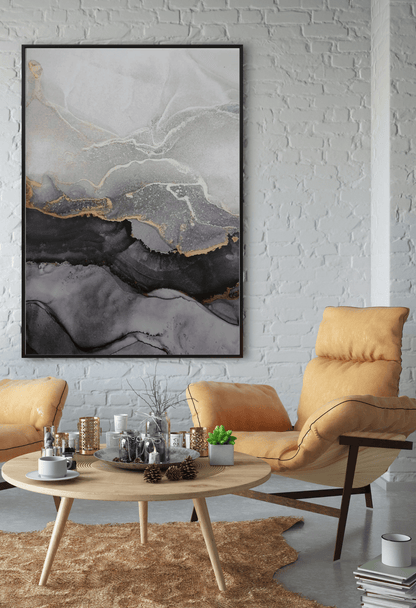 Black Gold and Grey Fluid Ink Abstract Canvas Print Wall Art 80x120 cm | CP073