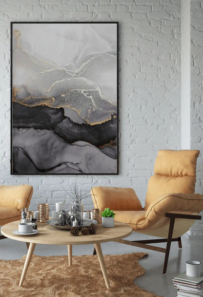 Black Gold and Grey Fluid Ink Abstract Oversize Canvas Print Wall Art | CP073