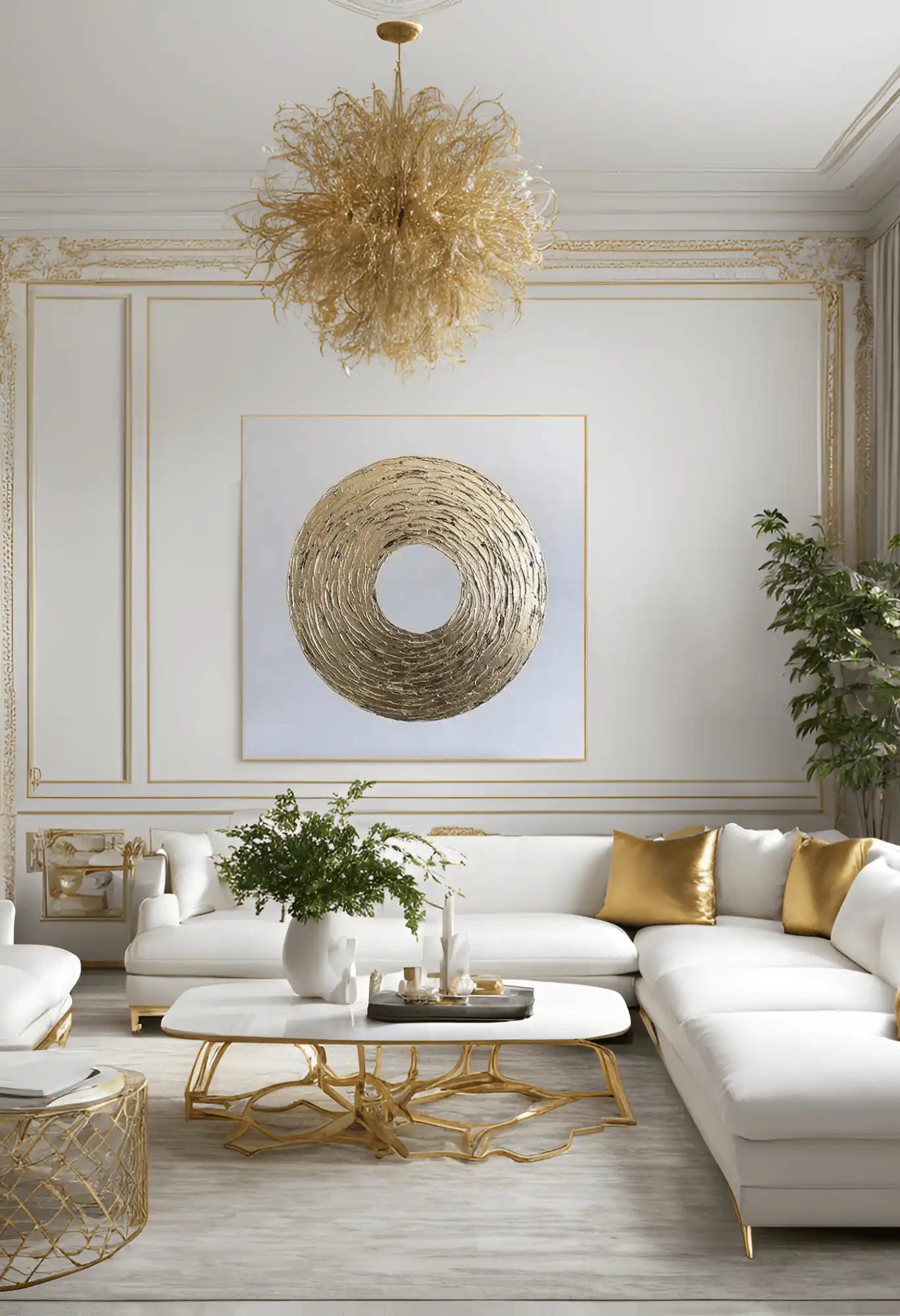 Minimalist White and Gold Geometric Circle Abstract Hand-Painted Canvas Art | HP044