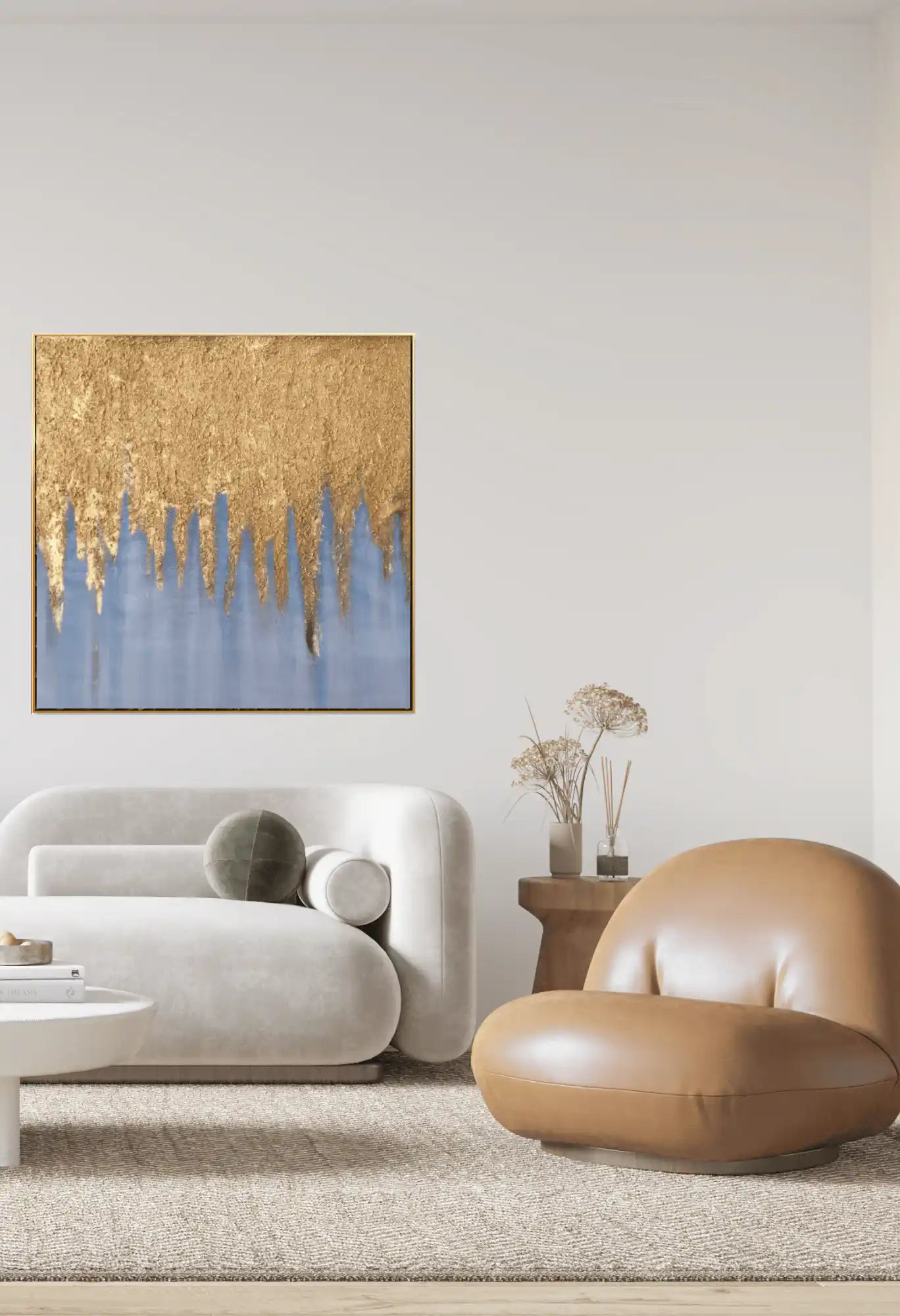 Light Grey and Gold Drip Abstract Hand-Painted Canvas Art | HP040