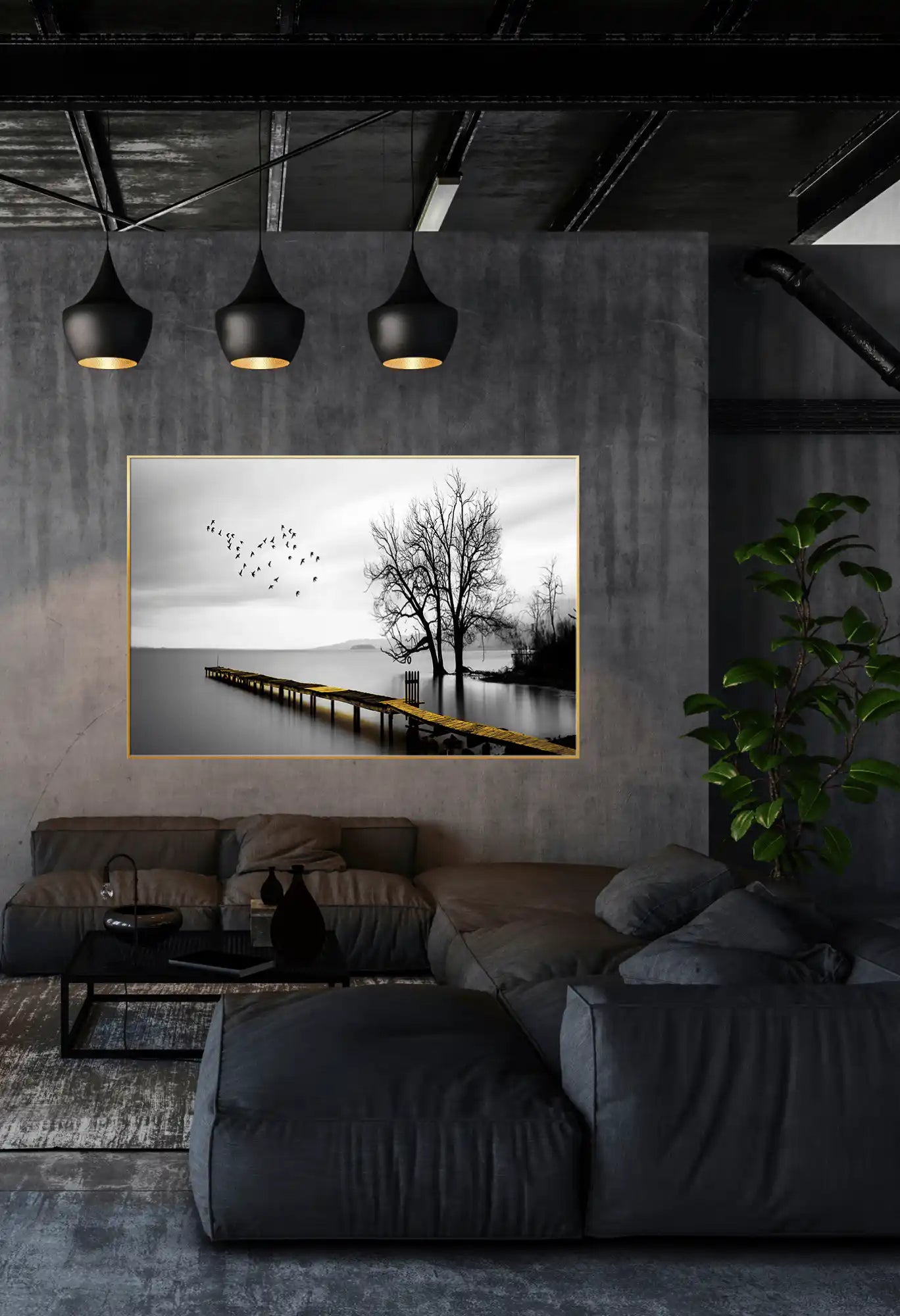 Black and White Lake View Landscape Oversize Canvas Print Wall Art | CP083