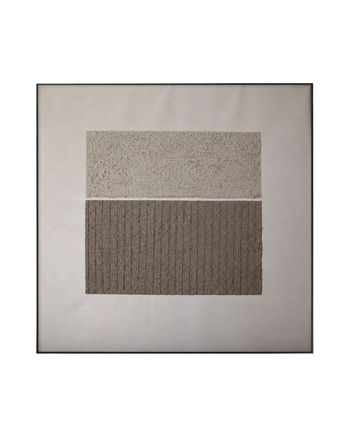 The Quiet Divide original hand-painted canvas wall art panel by Skye, showcasing a split composition of a light beige stucco block above a dark taupe vertically grooved plaster block, framed in a slim black edge.
