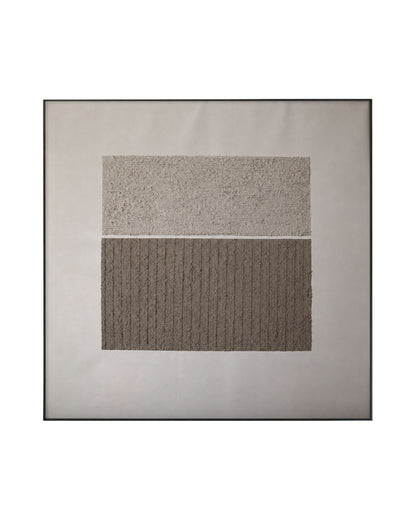 The Quiet Divide original hand-painted canvas wall art panel by Skye, showcasing a split composition of a light beige stucco block above a dark taupe vertically grooved plaster block, framed in a slim black edge.