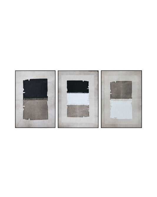 Set of three abstract art pieces with black, charcoal, and beige geometric blocks on a cream background