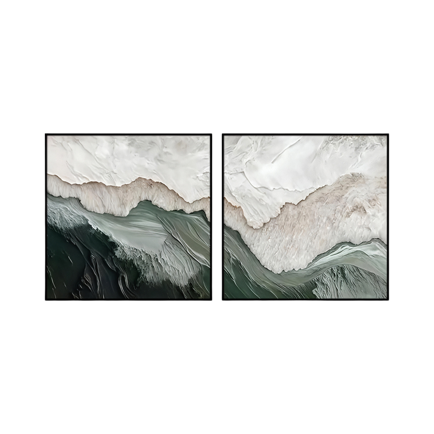 Two 80x80 cm sage green and white abstract canvas print wall art panels with black frames depicting minimalist mountain ridges and ocean wave motifs for modern Japandi living room decor.