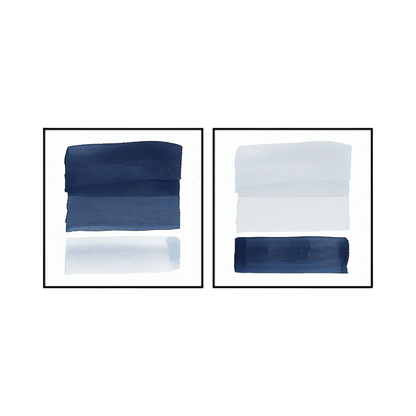 Two 80x80 cm navy blue and white abstract canvas print wall art panels depicting minimalist coastal ocean horizons and blue color block motifs for modern Japandi living room decor.