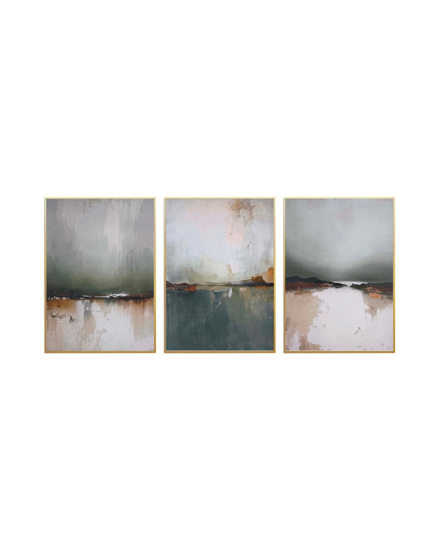 Set of three abstract art pieces with green and terracotta tones on a white background