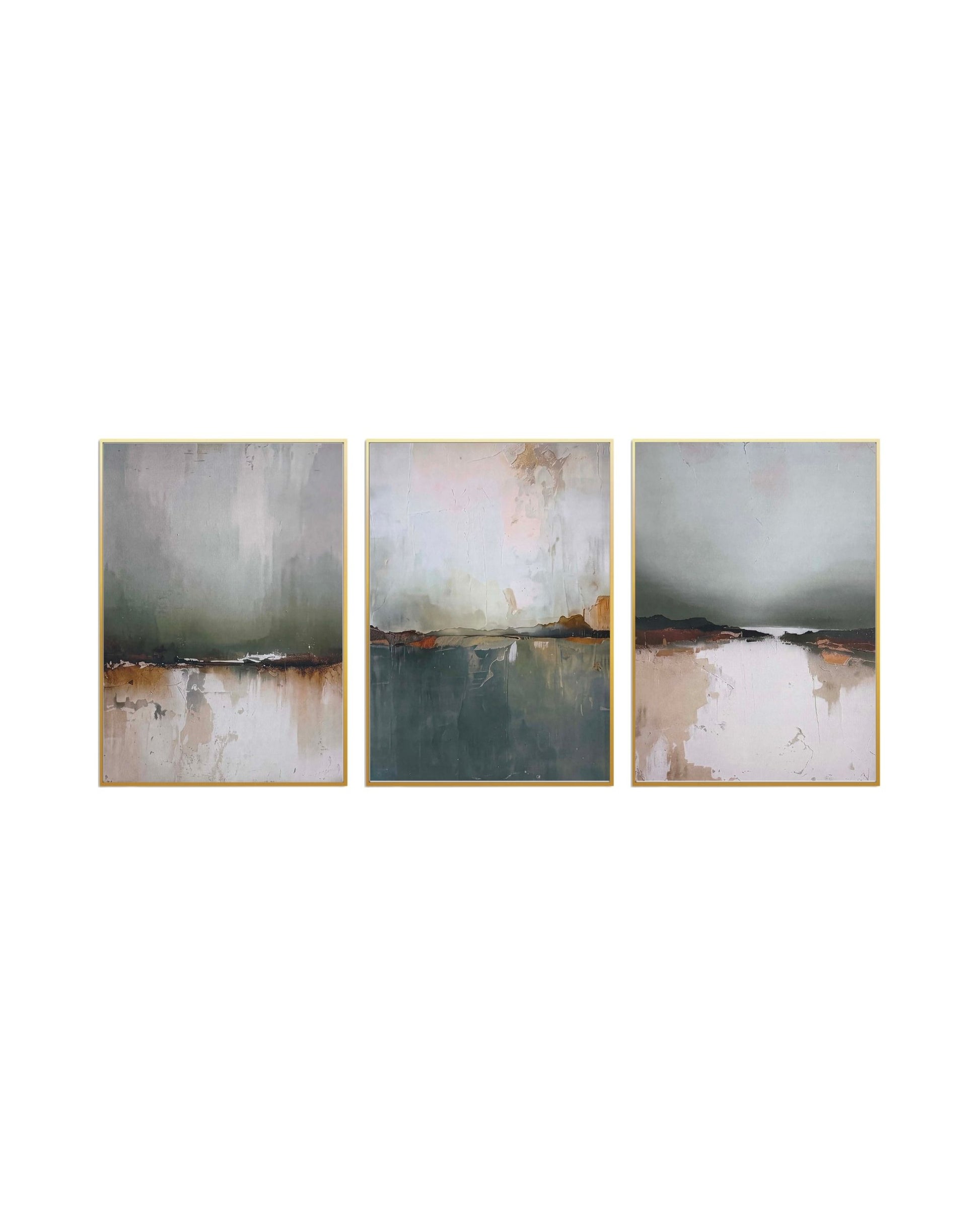 Set of three abstract art pieces with green and terracotta tones on a white background